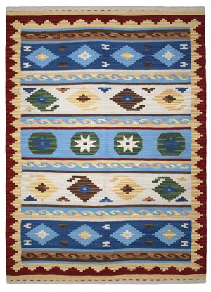 Tappeto contemporaneo kilim artorient con decorazioni geometriche e lineari a fasce bianche, verdi e azzurre