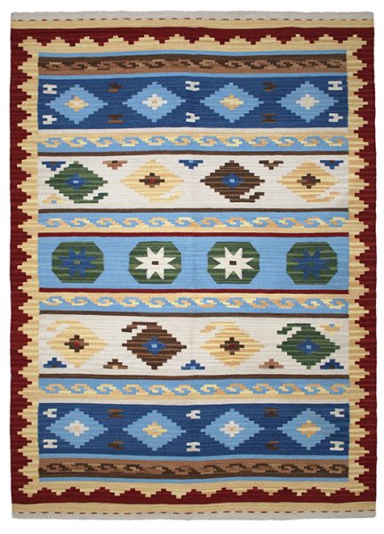 Tappeto contemporaneo kilim artorient con decorazioni geometriche e lineari a fasce bianche, verdi e azzurre