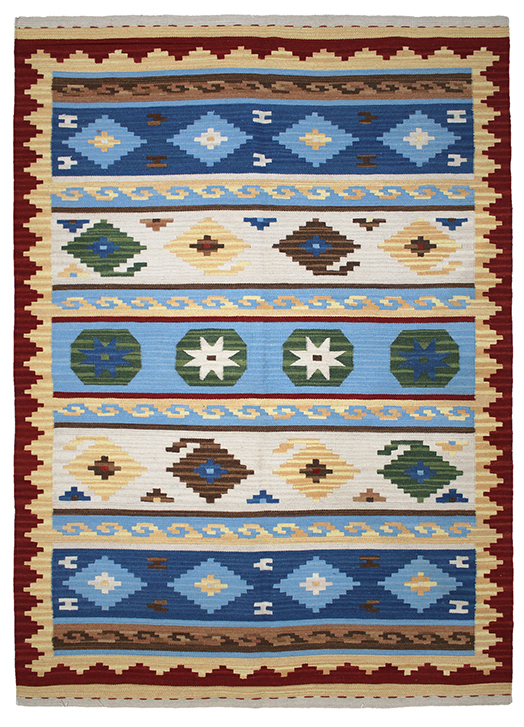 Tappeto contemporaneo kilim artorient con decorazioni geometriche e lineari a fasce bianche, verdi e azzurre