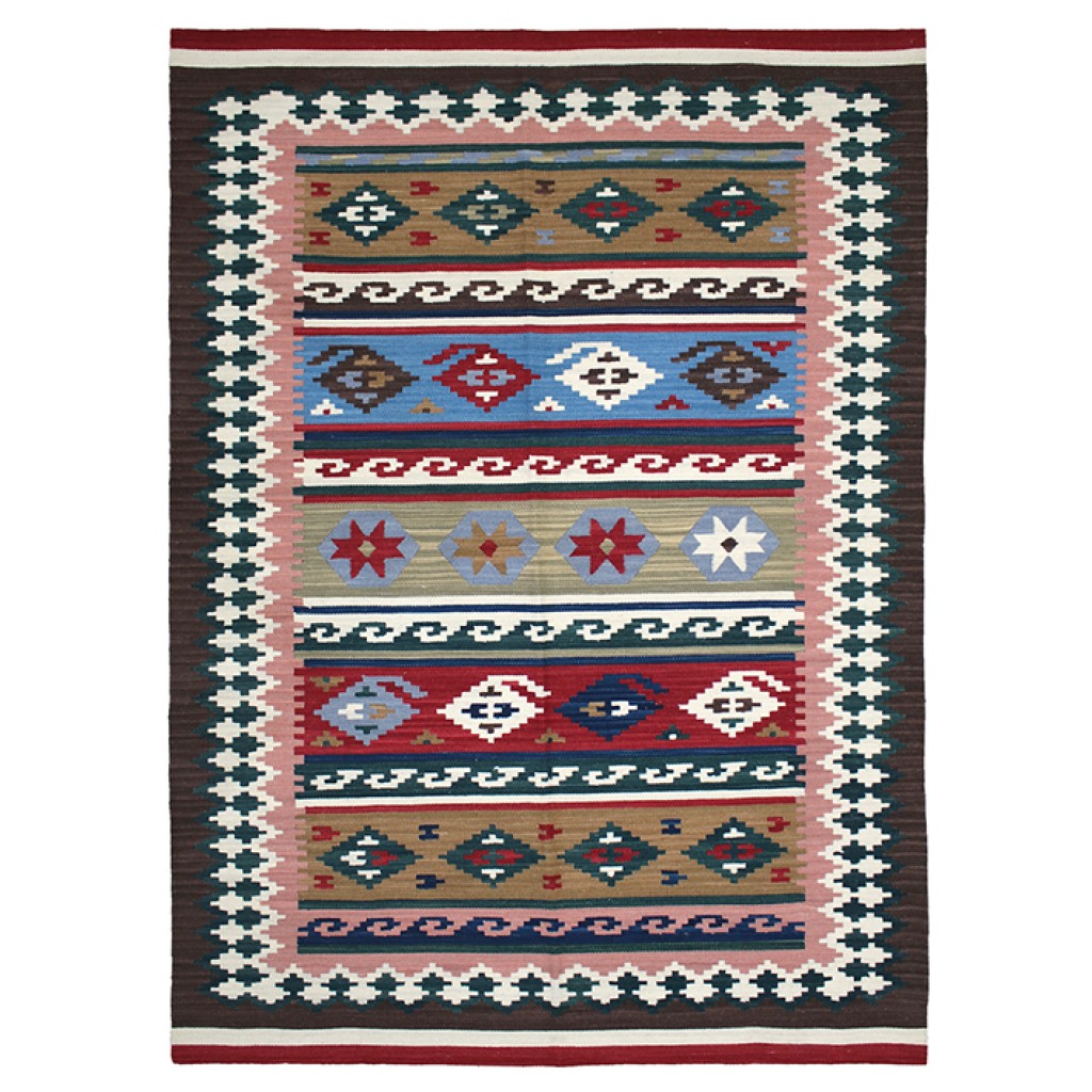 Tappeto contemporaneo kilim artorient con decorazioni geometriche e lineari a fasce uncinate