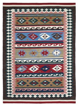Tappeto contemporaneo kilim artorient con decorazioni geometriche e lineari a fasce uncinate