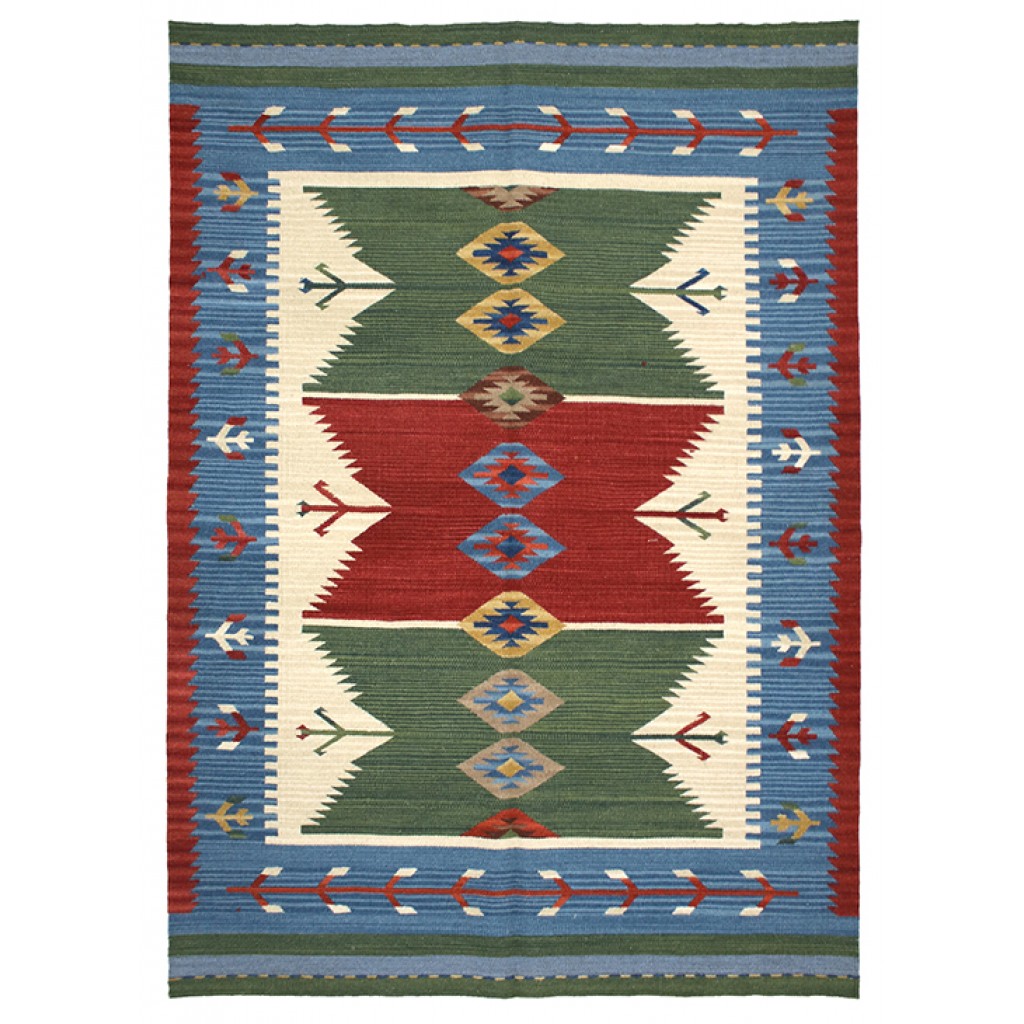 Tappeto contemporaneo kilim artorient bianco con triplo medaglione centrale rosso e verde e spesso bordo decorato con figure geometriche lineari astratte