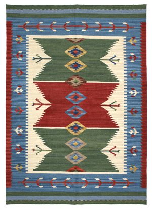 Tappeto contemporaneo kilim artorient bianco con triplo medaglione centrale rosso e verde e spesso bordo decorato con figure geometriche lineari astratte