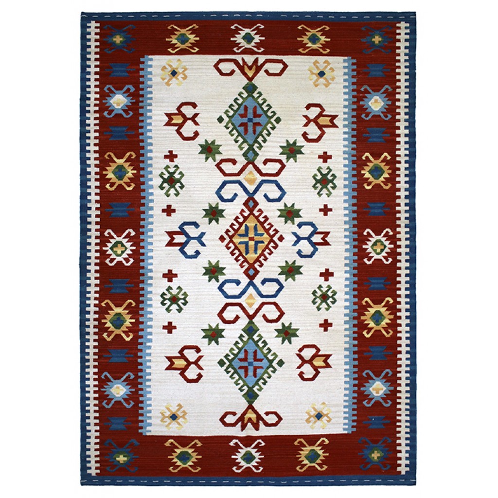 Tappeto contemporaneo kilim artorient bianco con triplo medaglione centrale a rombi uncinati e decorazioni geometriche astratte tutto campo, spesso bordo rosso