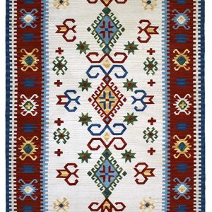 Tappeto contemporaneo kilim artorient bianco con triplo medaglione centrale a rombi uncinati e decorazioni geometriche astratte tutto campo, spesso bordo rosso
