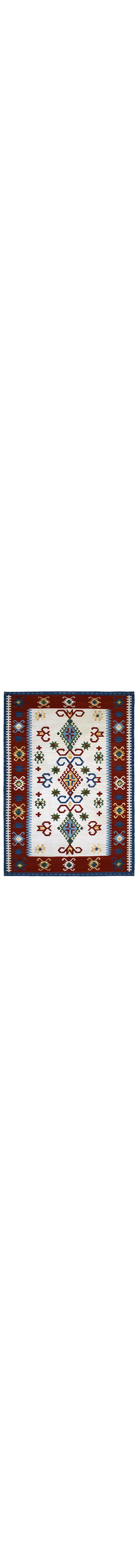 tappeto kilim rosso e bianco con rombi e decorazioni geometriche