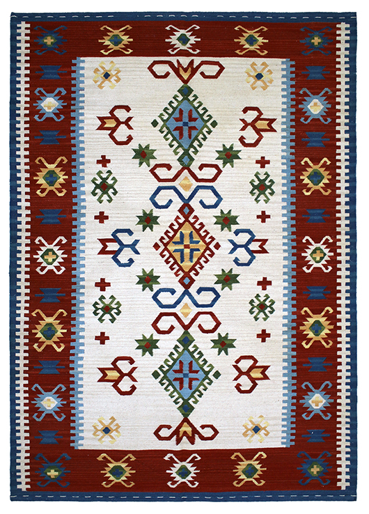 Tappeto contemporaneo kilim artorient bianco con triplo medaglione centrale a rombi uncinati e decorazioni geometriche astratte tutto campo, spesso bordo rosso