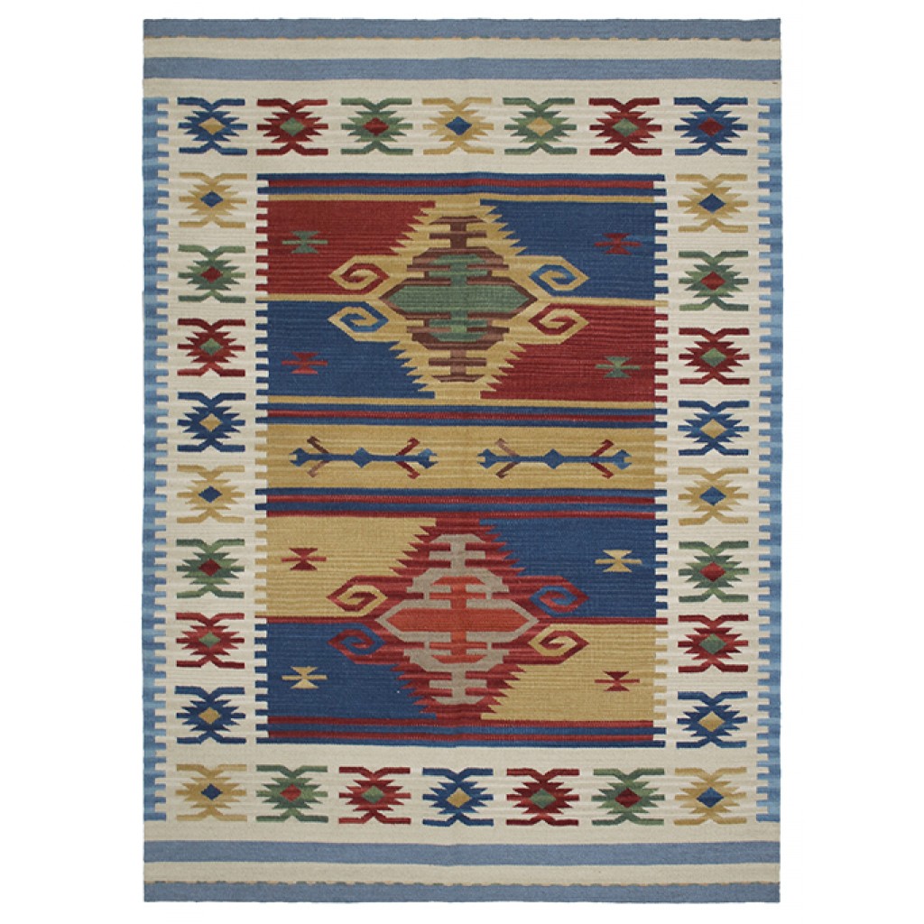 Tappeto contemporaneo kilim artorient con doppio medaglione centrale geometrico uncinato e decorazione a fasce gialle e rosse, oltre a spesso bordo