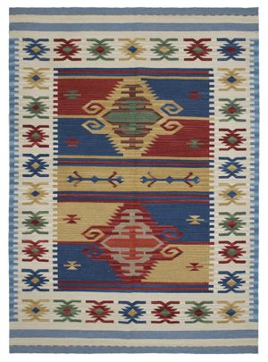 Tappeto contemporaneo kilim artorient con doppio medaglione centrale geometrico uncinato e decorazione a fasce gialle e rosse, oltre a spesso bordo