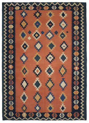 Tappeto contemporaneo kilim artorient arancio con decorazioni geometriche a rombi tutto campo blu e bianche