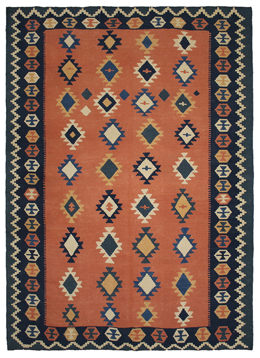 Tappeto contemporaneo kilim artorient arancio con decorazioni geometriche a rombi tutto campo blu e bianche