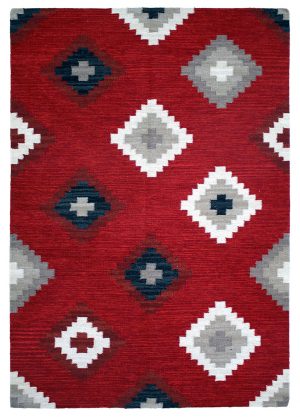 Tappeto contemporaneo kilim artorient rosso con rombi geometrici bianchi, grigi e blu