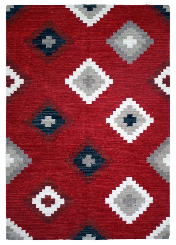 Tappeto contemporaneo kilim artorient rosso con rombi geometrici bianchi, grigi e blu