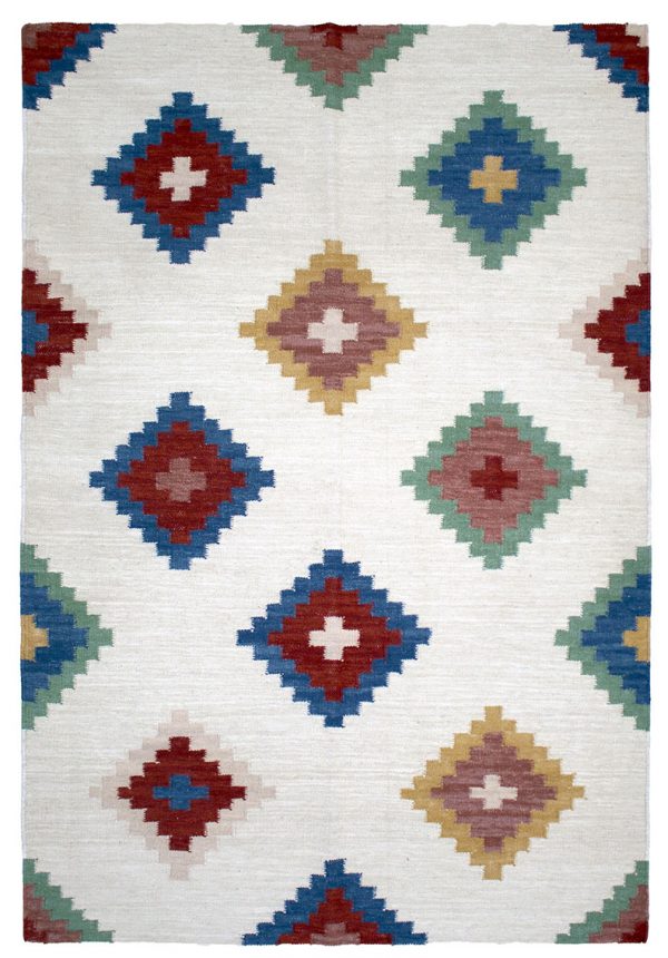 Tappeto contemporaneo kilim artorient bianco con rombi geometrici verdi, rossi, gialli e blu