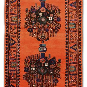 tappeto classico Tribal sottile, di piccole dimensioni, con disegni geometrici floreali astratti neri e blu su sfondo arancio e spesso bordo
