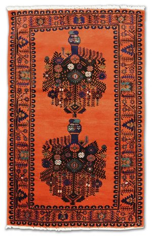 tappeto classico Tribal sottile, di piccole dimensioni, con disegni geometrici floreali astratti neri e blu su sfondo arancio e spesso bordo