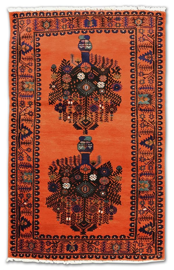 tappeto classico Tribal sottile, di piccole dimensioni, con disegni geometrici floreali astratti neri e blu su sfondo arancio e spesso bordo