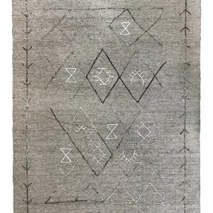 Tappeto kilim contemporaneo Artorient della collezione Arazi Home Graff, a tessitura piatta e con ricamo in rilievo eseguito con tecnica sumak, grigio con decorazioni geometriche astratte argento e nero