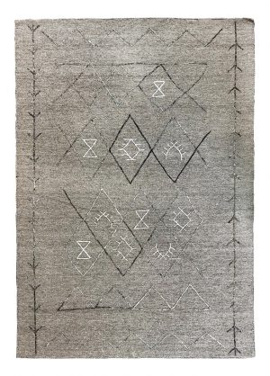 Tappeto kilim contemporaneo Artorient della collezione Arazi Home Graff, a tessitura piatta e con ricamo in rilievo eseguito con tecnica sumak, grigio con decorazioni geometriche astratte argento e nero