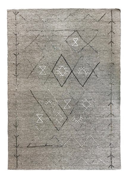Tappeto kilim contemporaneo Artorient della collezione Arazi Home Graff, a tessitura piatta e con ricamo in rilievo eseguito con tecnica sumak, grigio con decorazioni geometriche astratte argento e nero