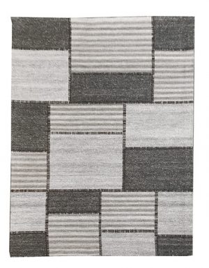 Tappeto kilim contemporaneo Artorient della collezione Arazi Home Toledo, a tessitura piatta, di poliestere riciclato su supporto di tela in cotone, grigio con decorazione a rettangoli effetto patchwork