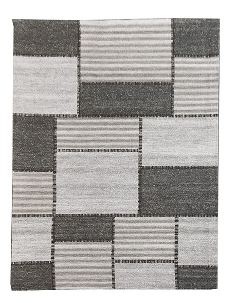 Tappeto kilim contemporaneo Artorient della collezione Arazi Home Toledo, a tessitura piatta, di poliestere riciclato su supporto di tela in cotone, grigio con decorazione a rettangoli effetto patchwork