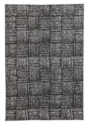Tappeto kilim contemporaneo Artorient della collezione Arazi Home Toledo, a tessitura piatta, di poliestere riciclato su supporto di tela in cotone, grigio scuro con decorazione a rettangoli e linee effetto maglia
