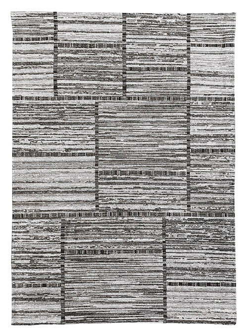 Tappeto kilim contemporaneo Artorient della collezione Arazi Home Toledo, a tessitura piatta, di poliestere riciclato su supporto di tela in cotone, grigio scuro con decorazione a rettangoli effetto patchwork