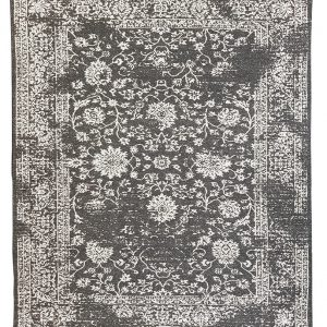 Tappeto kilim contemporaneo Artorient della collezione Arazi Home Toledo, a tessitura piatta, di poliestere riciclato su supporto di tela in cotone, grigio scuro con decorazione floreale classica bianca