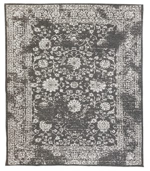Tappeto kilim contemporaneo Artorient della collezione Arazi Home Toledo, a tessitura piatta, di poliestere riciclato su supporto di tela in cotone, grigio scuro con decorazione floreale classica bianca