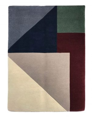 tappeto contemporaneo Monocolor Art Design della collezione Arazi Home di artorient con quadrati e triangoli blu, grigi, beige, rossi e verdi