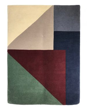 tappeto contemporaneo Monocolor Art Design della collezione Arazi Home di artorient con quadrati e triangoli blu, grigi, beige, rossi e verdi