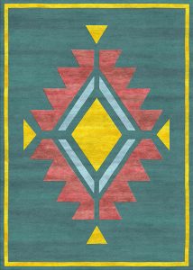 Tappeto contemporaneo Artorient della collezione Atzeca Arazi Home, verde con decorazione etnica gialla, rossa e azzurra