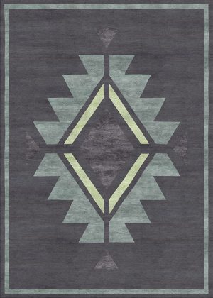 Tappeto contemporaneo Artorient della collezione Atzeca Arazi Home, grigio con decorazione etnica verde e grigio chiaro