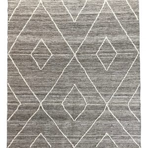 tappeto kilim lounge contemporaneo grigio, con motivi decorativi a rombi concentrici con bordi bianchi