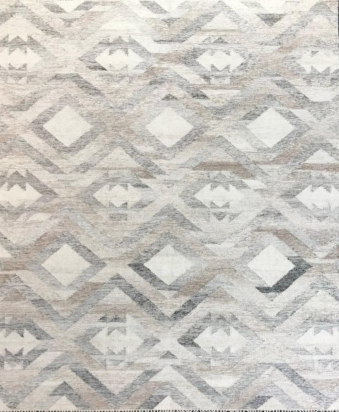 tappeto kilim lounge contemporaneo beige, con motivo decorativo geometrico a rombi marroni e grigi