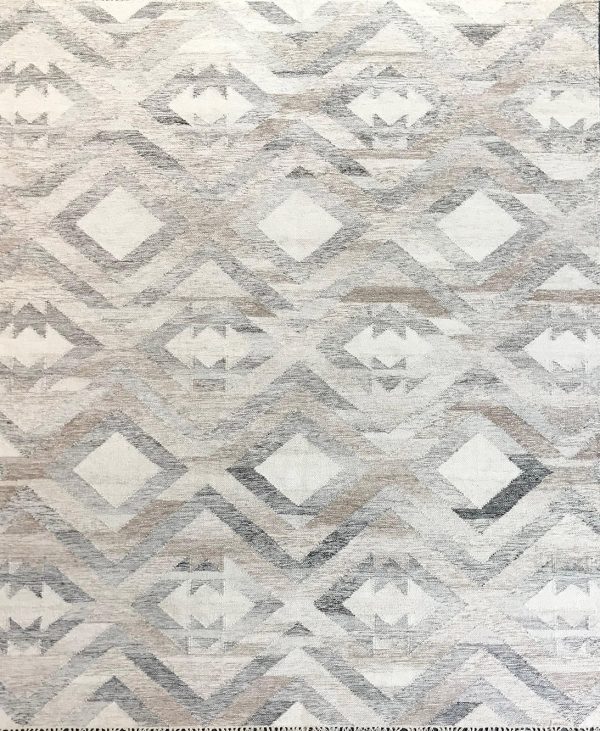 tappeto kilim lounge contemporaneo beige, con motivo decorativo geometrico a rombi marroni e grigi