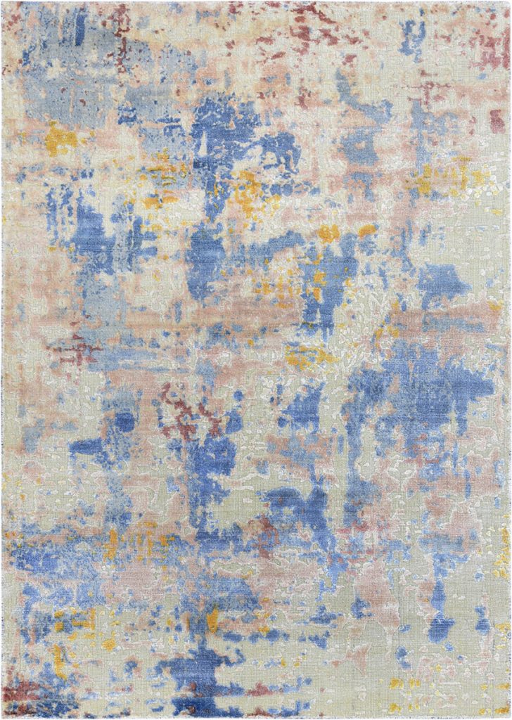 Tappeto contemporaneo Oxid con sfumature azzurre, argento, marroni e grigie della collezione Artorient Arazi Home