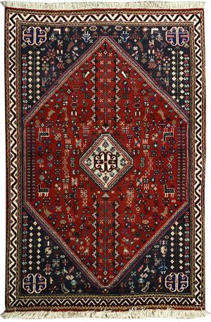 tappeto persiano originale abadeh rosso e nero, con medaglione centrale bianco e decorazioni geometriche stilizzate di piante, fiori, animali e simboli