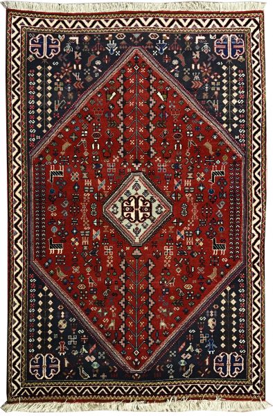 tappeto persiano originale abadeh rosso e nero, con medaglione centrale bianco e decorazioni geometriche stilizzate di piante, fiori, animali e simboli