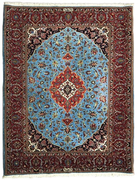 tappeto persiano keshan jehad azzurro e nero, con spesso bordo e medaglione centrale rosso, decorato con motivi floreali