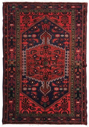 tappeto persiano originale khamse rosso e blu con medaglione centrale e disegni geometrici di fiori e piante bianchi, neri e rossi