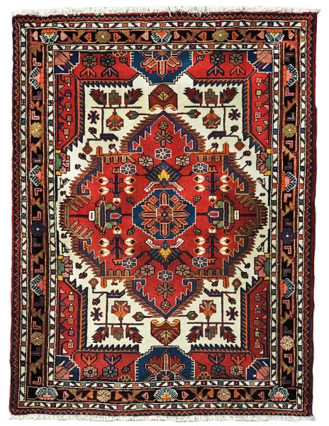Tappeto persiano orientale originale sanadah rosso, blu e verde con fantasie geometriche su sfondo bianco e medaglione centrale