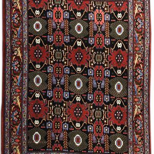 Tappeto persiano orientale originale senneh rosso, nero e verde con fantasie astratte