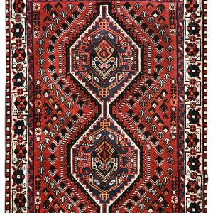Tappeto persiano orientale originale shiraz rosso, arancione, nero e bianco con fantasia geometrica e medaglione centrale