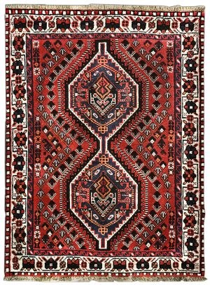 Tappeto persiano orientale originale shiraz rosso, arancione, nero e bianco con fantasia geometrica e medaglione centrale