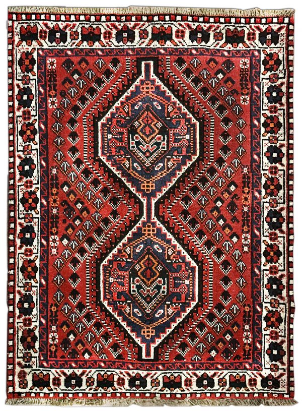 Tappeto persiano orientale originale shiraz rosso, arancione, nero e bianco con fantasia geometrica e medaglione centrale