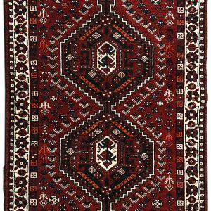 Tappeto persiano orientale originale shiraz rosso, arancione, nero e bianco con fantasia geometrica