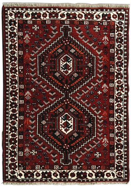 Tappeto persiano orientale originale shiraz rosso, arancione, nero e bianco con fantasia geometrica