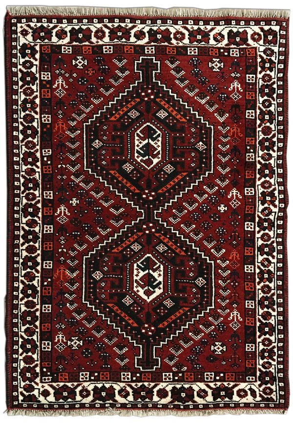 Tappeto persiano orientale originale shiraz rosso, arancione, nero e bianco con fantasia geometrica